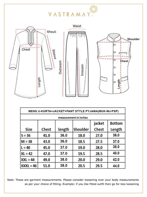 Vastramay Men's Mustard Geometric Printed Nehru Jacket With Curved Kurta And Pant Set